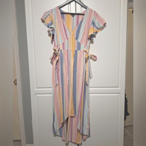 a.n.a Dresses & Skirts - A.N.A V-Neck Rainbow Stripe Ruffles Sleeve Deep Hem Dress
